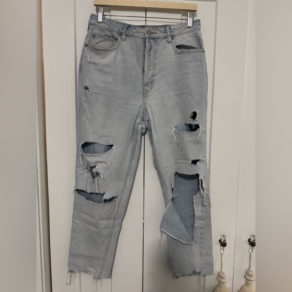 H&M Blue Relaxed Fit Jeans with Distressed Details